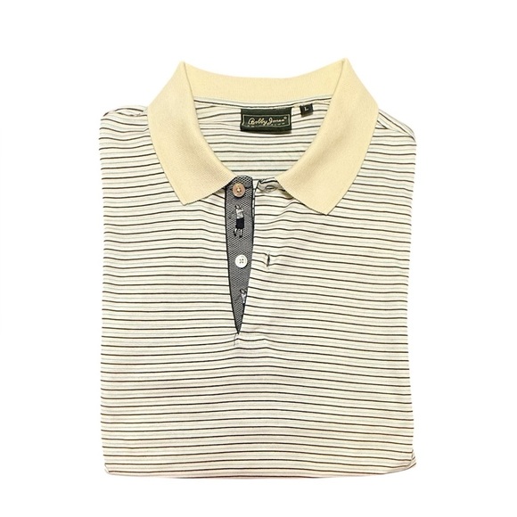 Bobby Jones Other - Bobby Jones Cream/Black/Blue Striped Golf 100% Cotton Polo Shirt Size Large